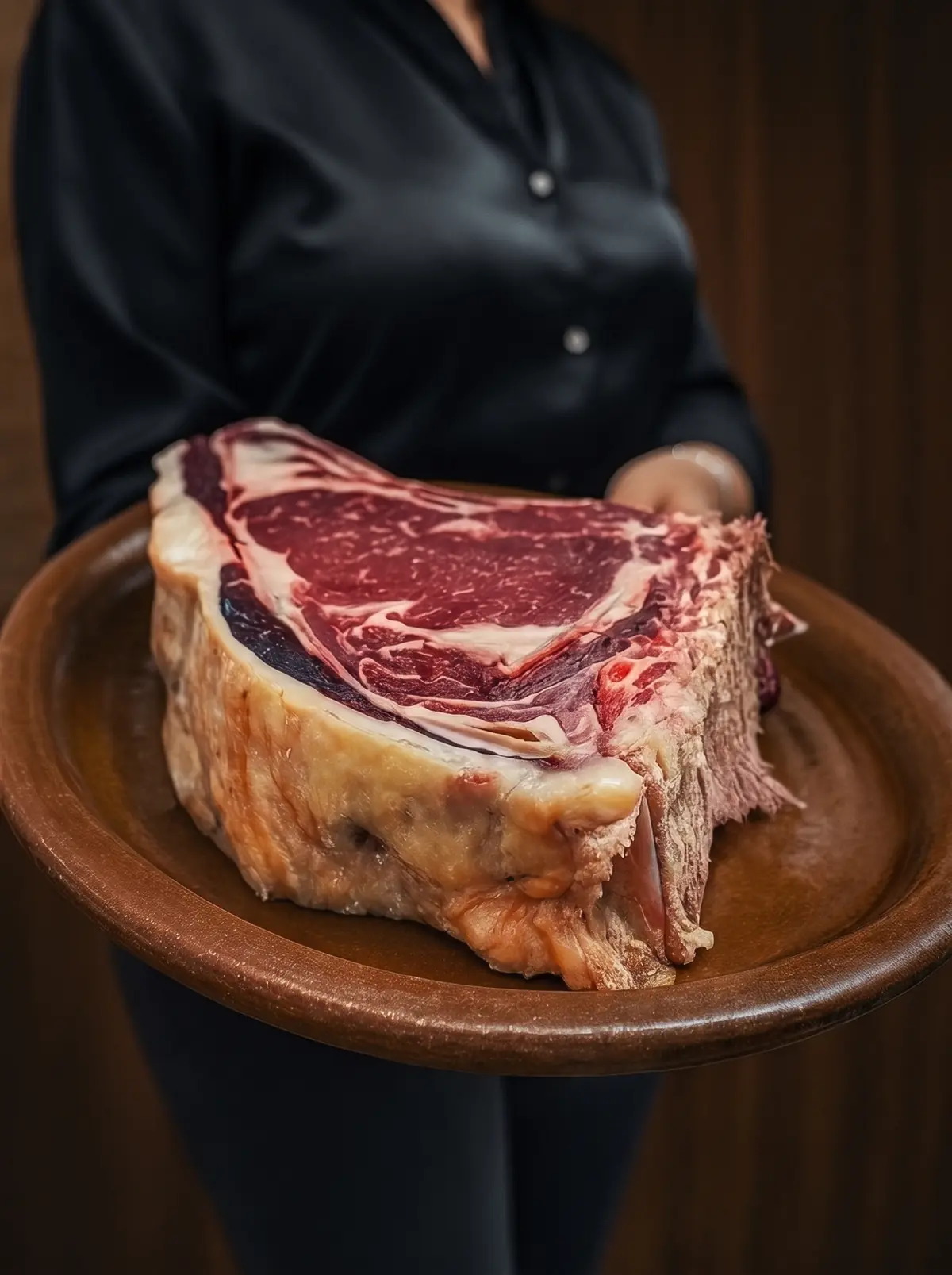 Pieza de chuletón crudo con su grasa, presentada en una fuente de barro